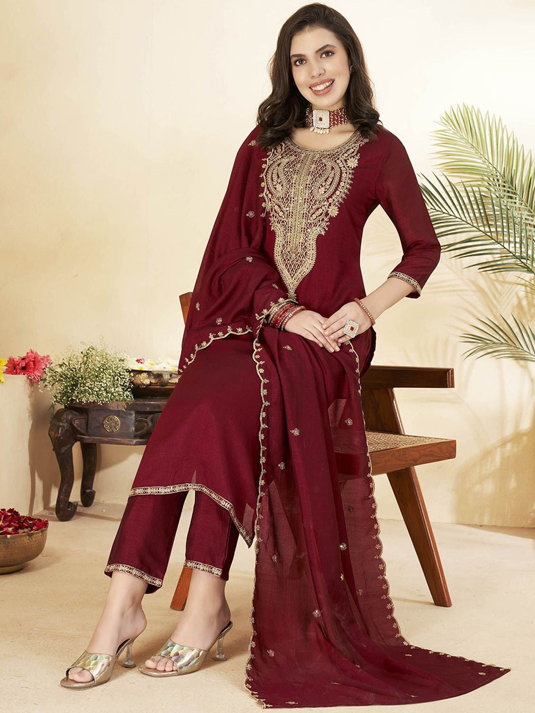 Maroon Embroidered Art Silk Kurta With Pant &amp; Dupatta