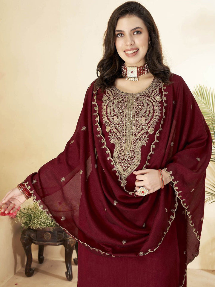 Maroon Embroidered Art Silk Kurta With Pant &amp; Dupatta