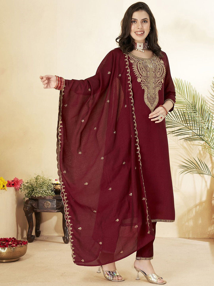 Maroon Embroidered Art Silk Kurta With Pant &amp; Dupatta