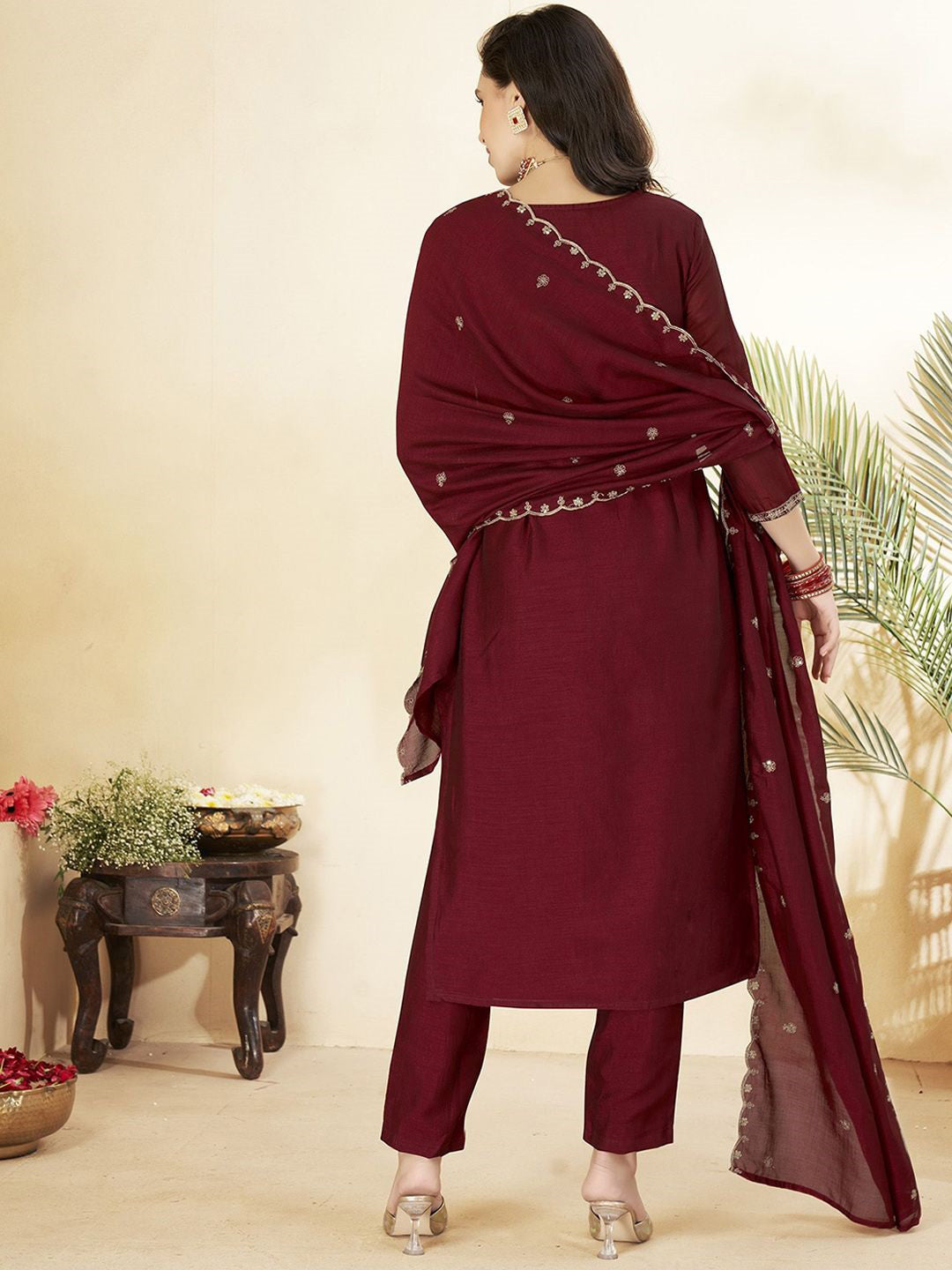 Maroon Embroidered Art Silk Kurta With Pant &amp; Dupatta