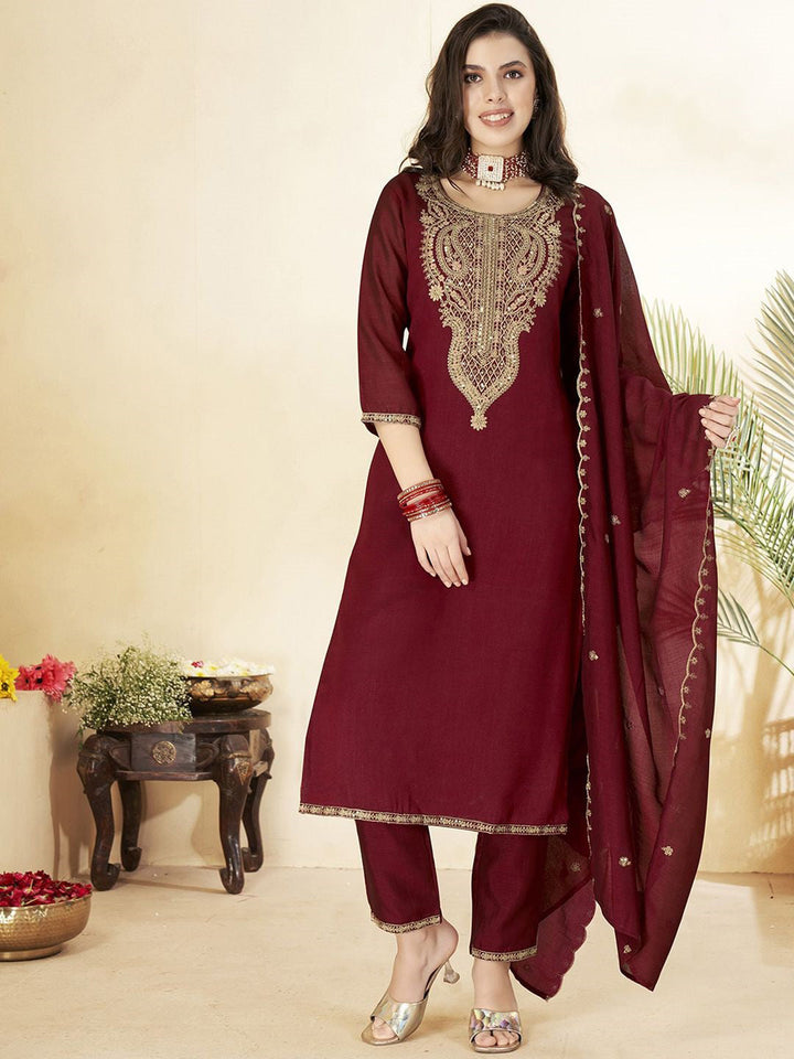 Maroon Embroidered Art Silk Kurta With Pant &amp; Dupatta