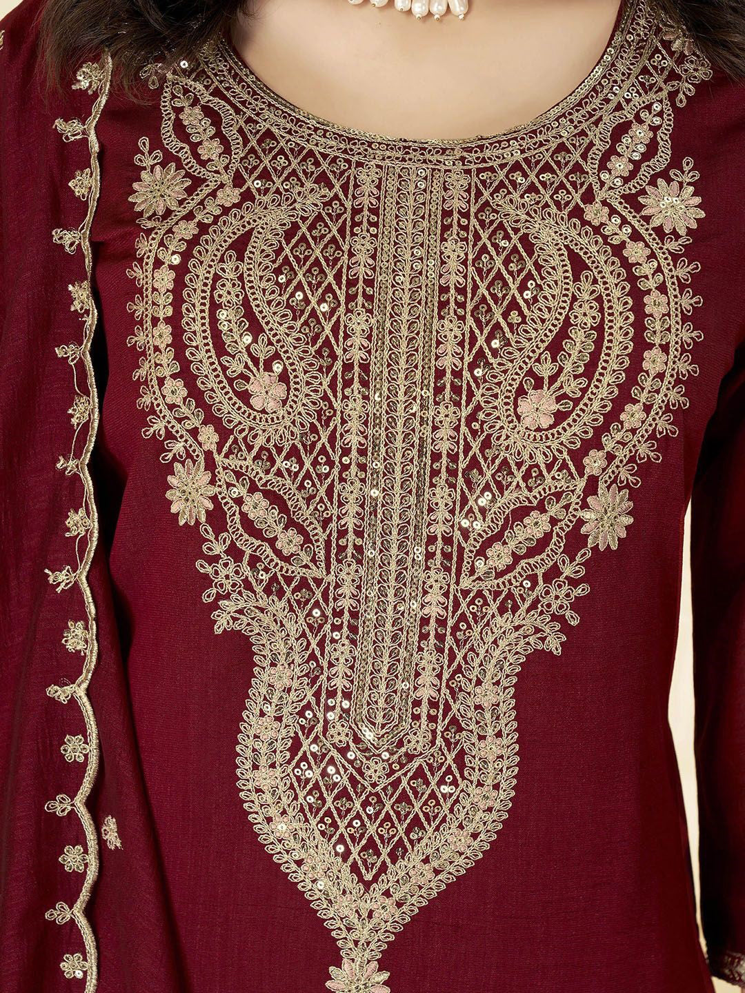 Maroon Embroidered Art Silk Kurta With Pant &amp; Dupatta