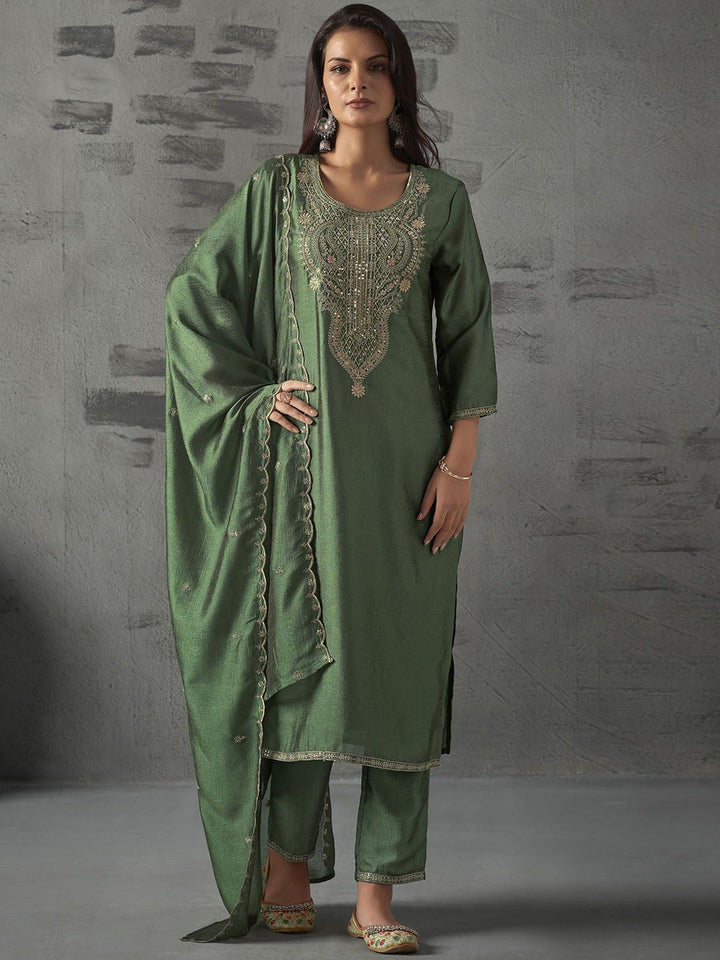 Green Embroidered Art Silk Kurta With Pant &amp; Dupatta