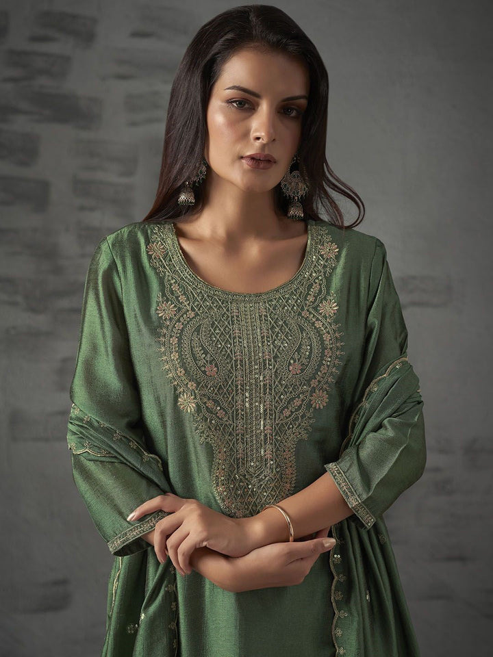 Green Embroidered Art Silk Kurta With Pant &amp; Dupatta