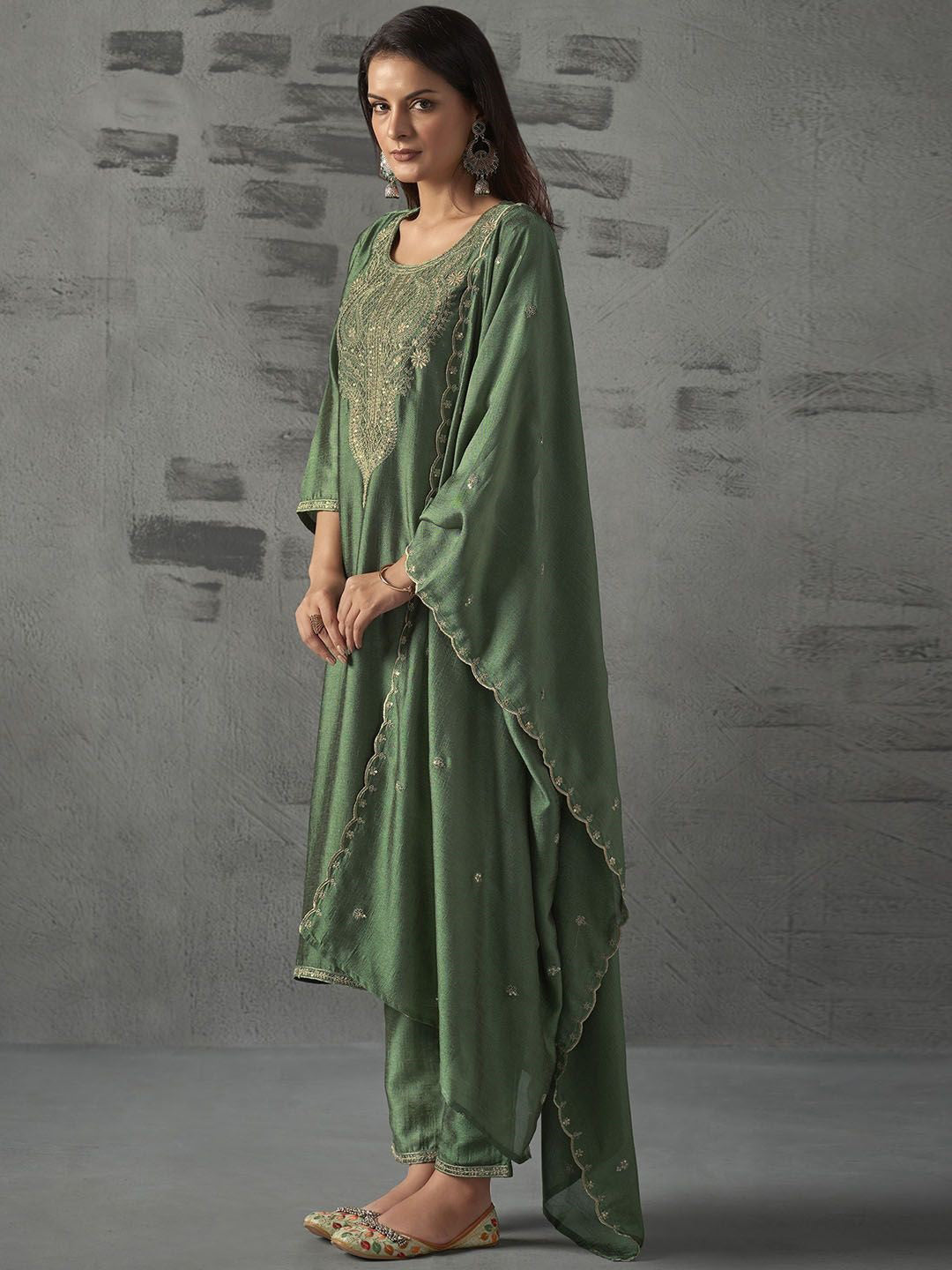 Green Embroidered Art Silk Kurta With Pant &amp; Dupatta