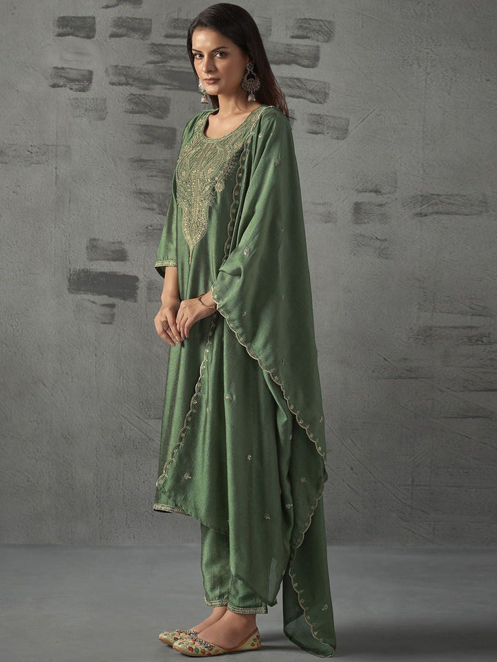 Green Embroidered Art Silk Kurta With Pant &amp; Dupatta