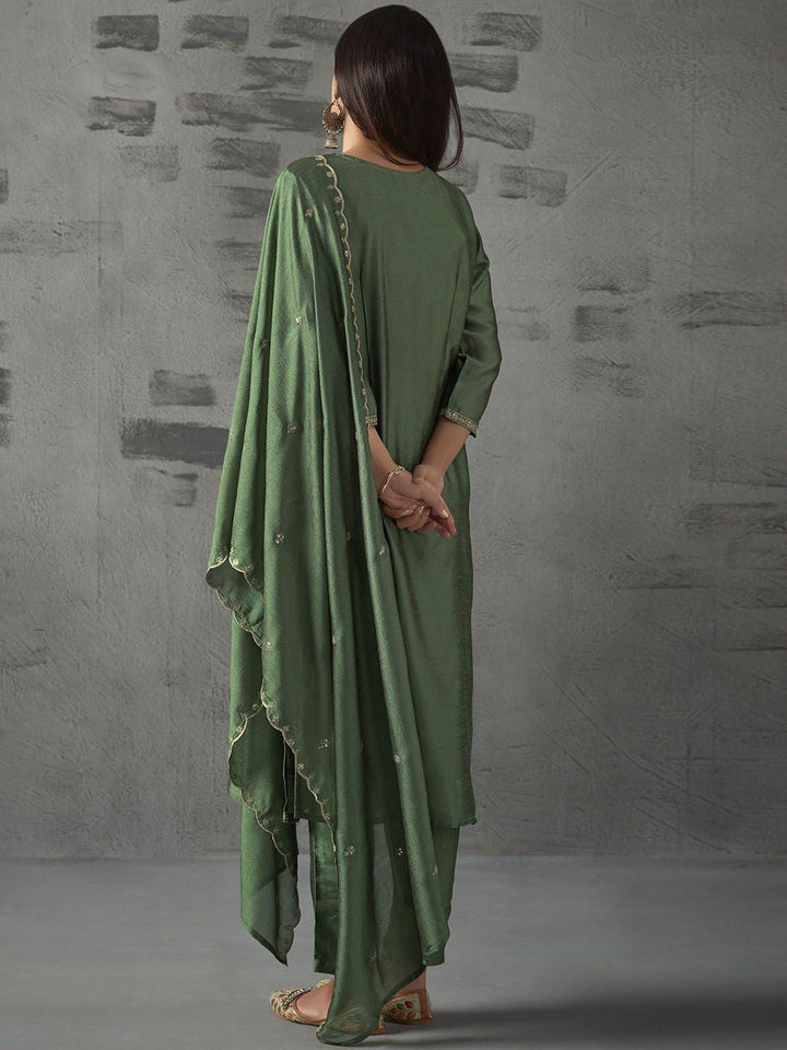 Green Embroidered Art Silk Kurta With Pant &amp; Dupatta