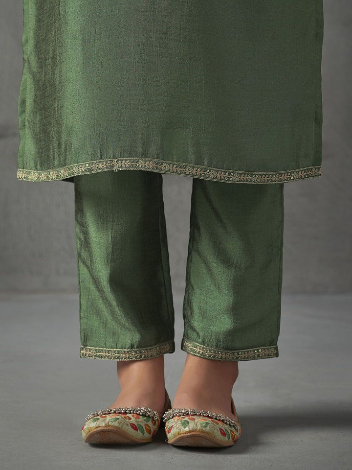 Green Embroidered Art Silk Kurta With Pant &amp; Dupatta