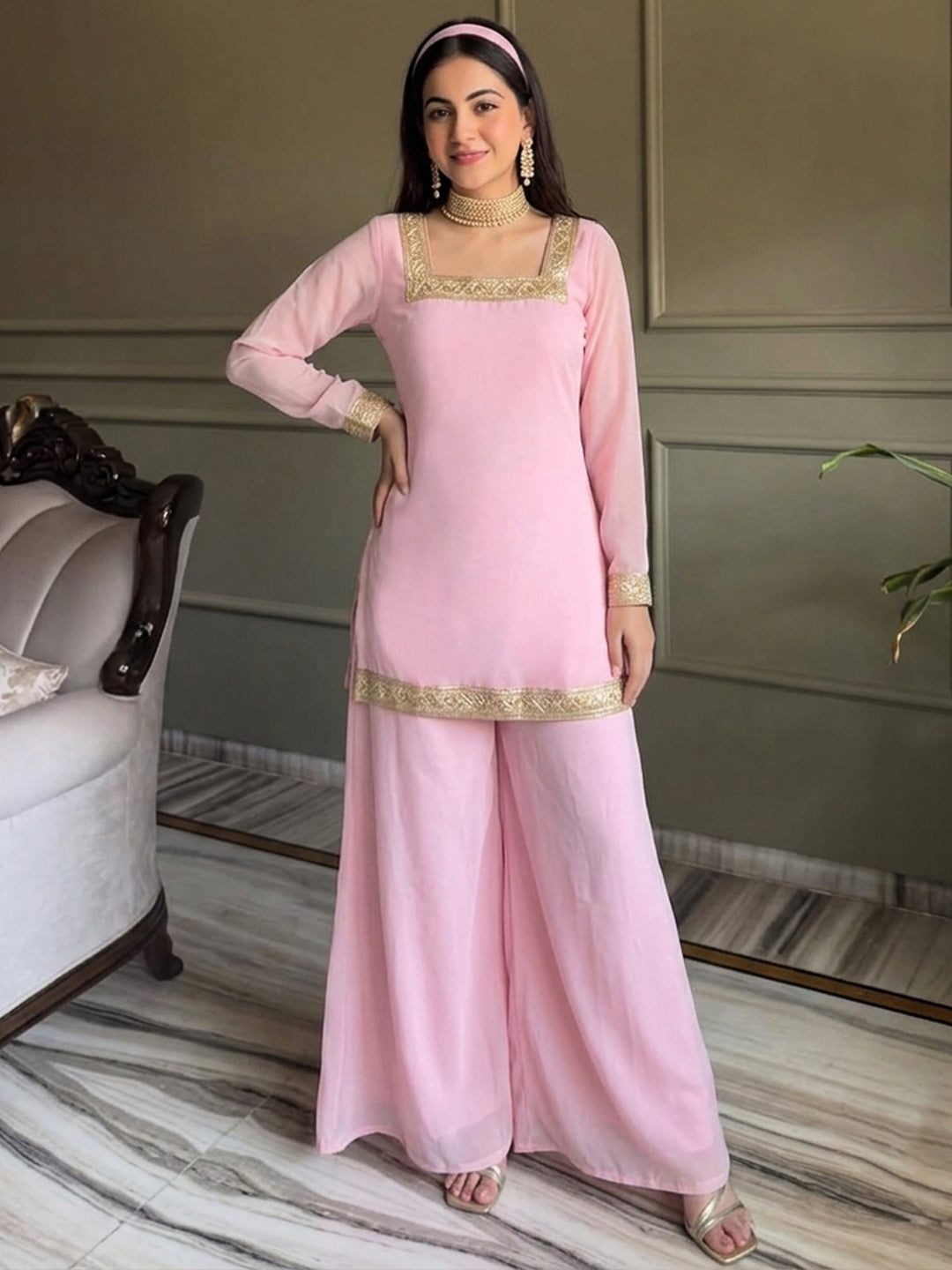 Pink Embroidered Georgette Kurta With Pant &amp; Dupatta