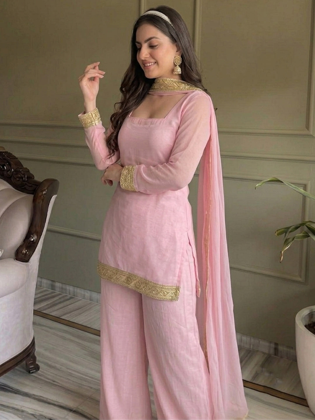 Pink Embroidered Georgette Kurta With Pant &amp; Dupatta