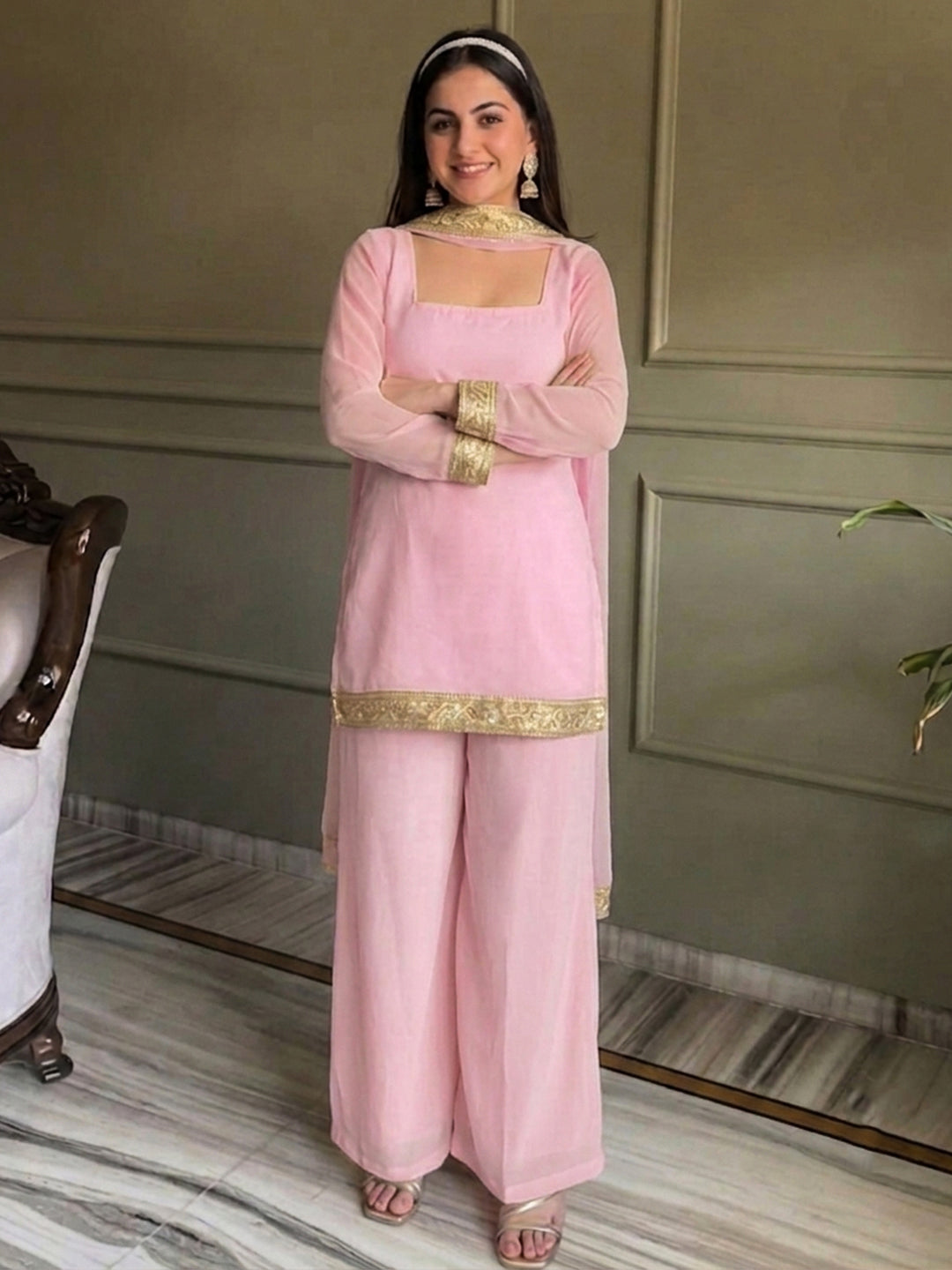 Pink Embroidered Georgette Kurta With Pant &amp; Dupatta