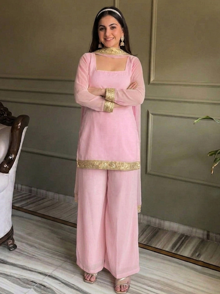 Pink Embroidered Georgette Kurta With Pant &amp; Dupatta