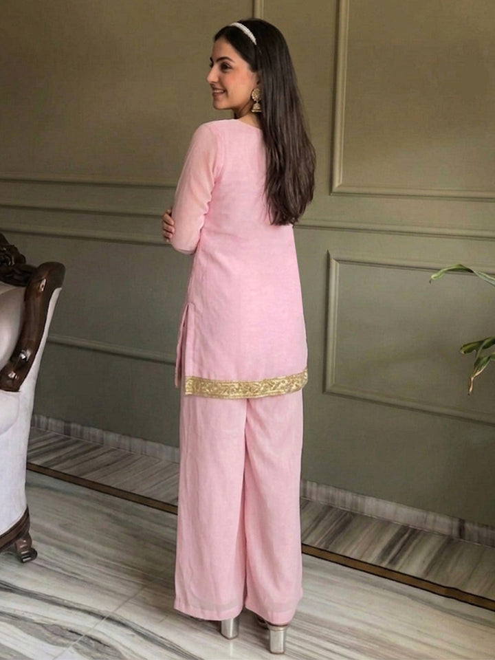Pink Embroidered Georgette Kurta With Pant &amp; Dupatta