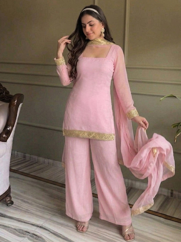 Pink Embroidered Georgette Kurta With Pant &amp; Dupatta
