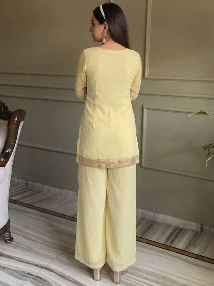 Yellow Embroidered Georgette Kurta With Pant &amp; Dupatta