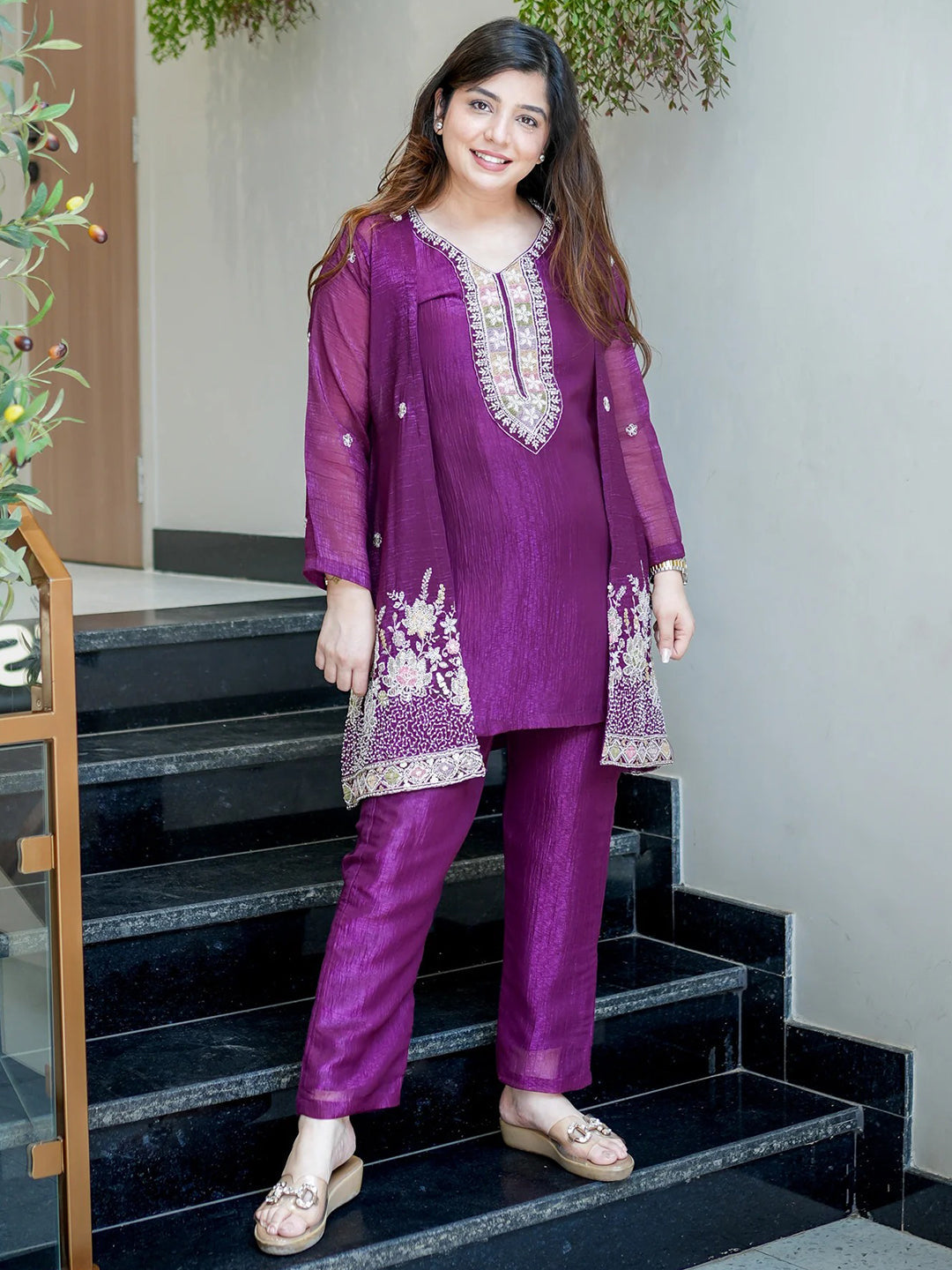 Purple Embroidered Chinon Kurta With Pant &amp; Dupatta