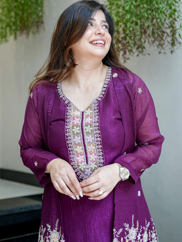 Purple Embroidered Chinon Kurta With Pant &amp; Dupatta