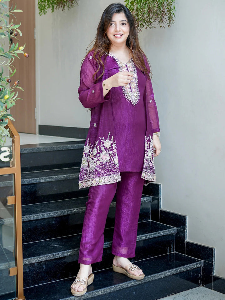 Purple Embroidered Chinon Kurta With Pant &amp; Dupatta