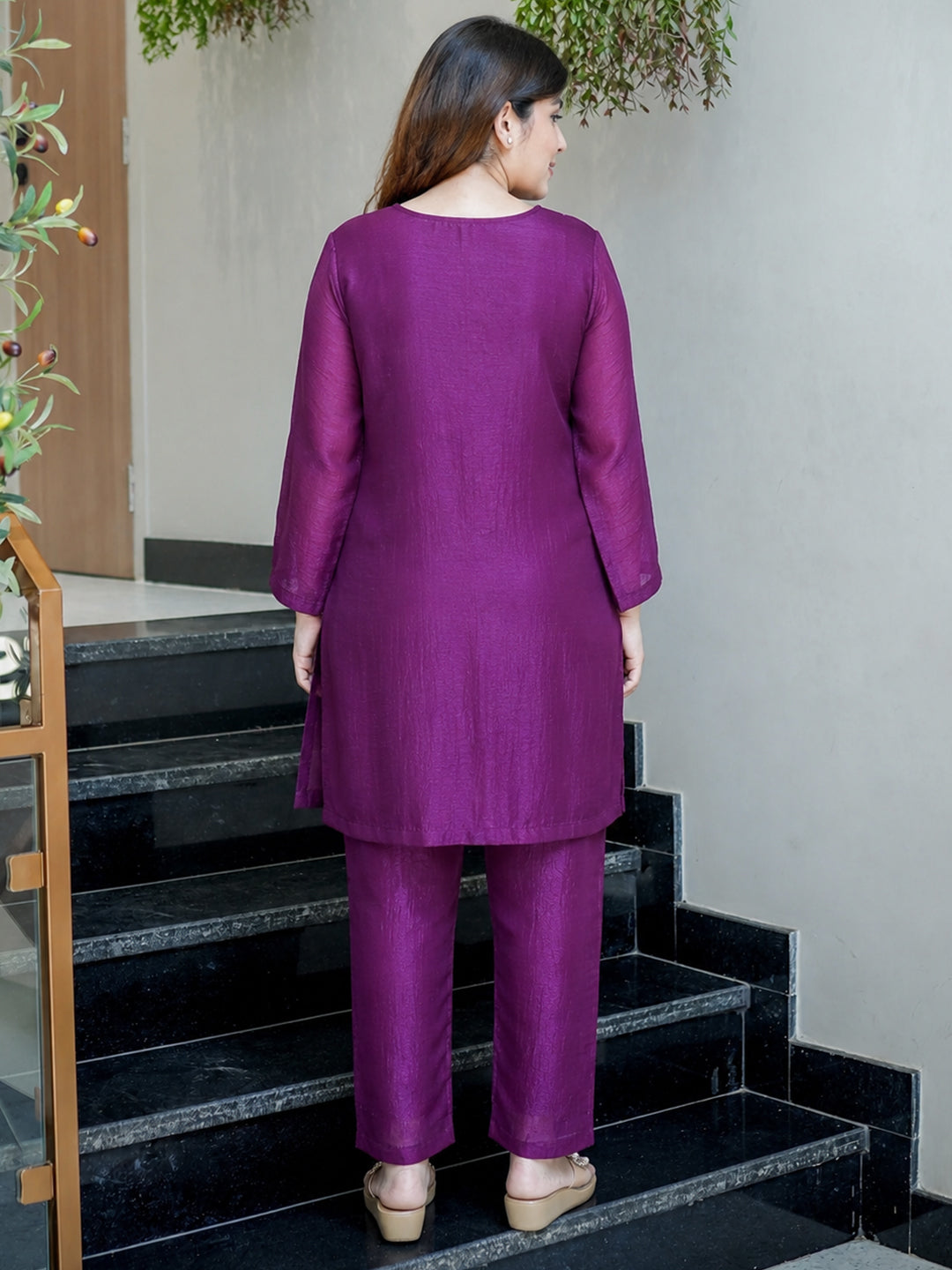 Purple Embroidered Chinon Kurta With Pant &amp; Dupatta