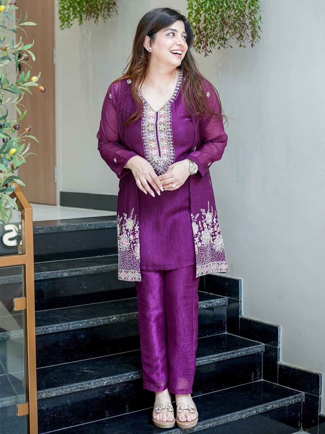 Purple Embroidered Chinon Kurta With Pant &amp; Dupatta