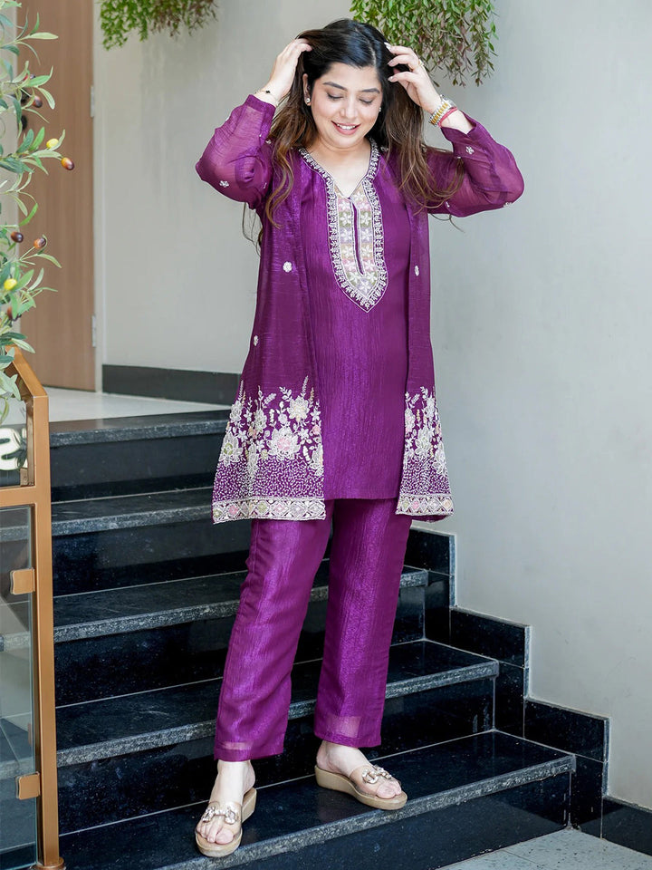 Purple Embroidered Chinon Kurta With Pant &amp; Dupatta