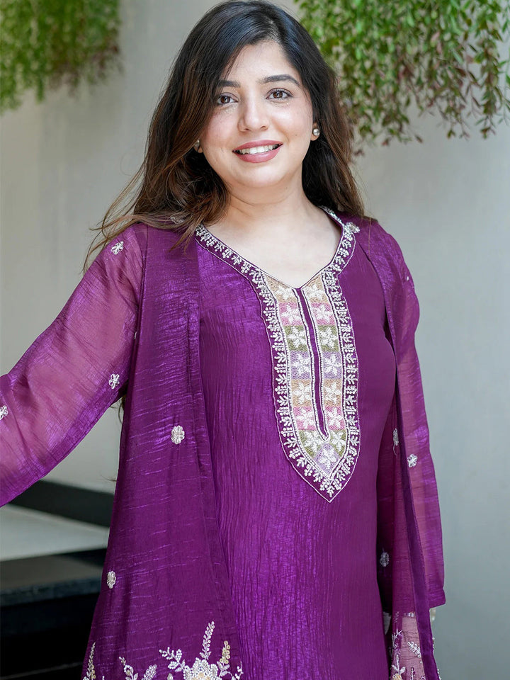 Purple Embroidered Chinon Kurta With Pant &amp; Dupatta