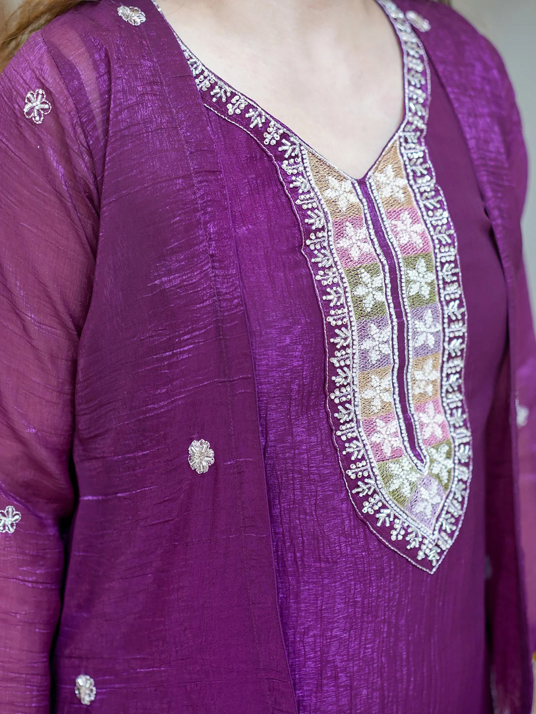 Purple Embroidered Chinon Kurta With Pant &amp; Dupatta