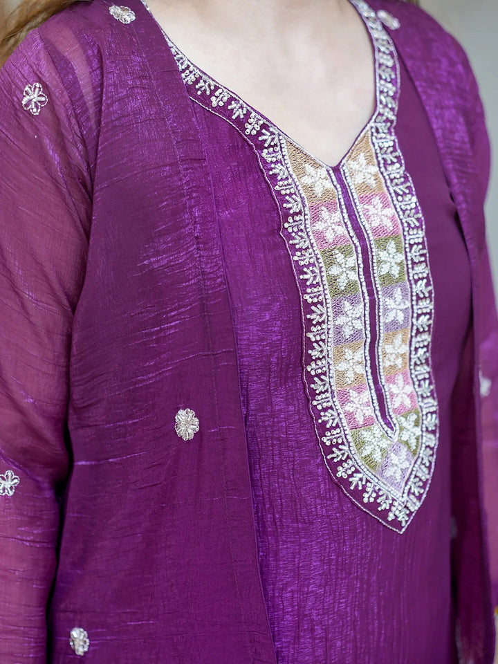 Purple Embroidered Chinon Kurta With Pant &amp; Dupatta