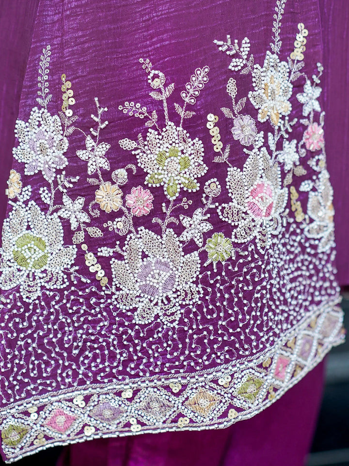 Purple Embroidered Chinon Kurta With Pant &amp; Dupatta