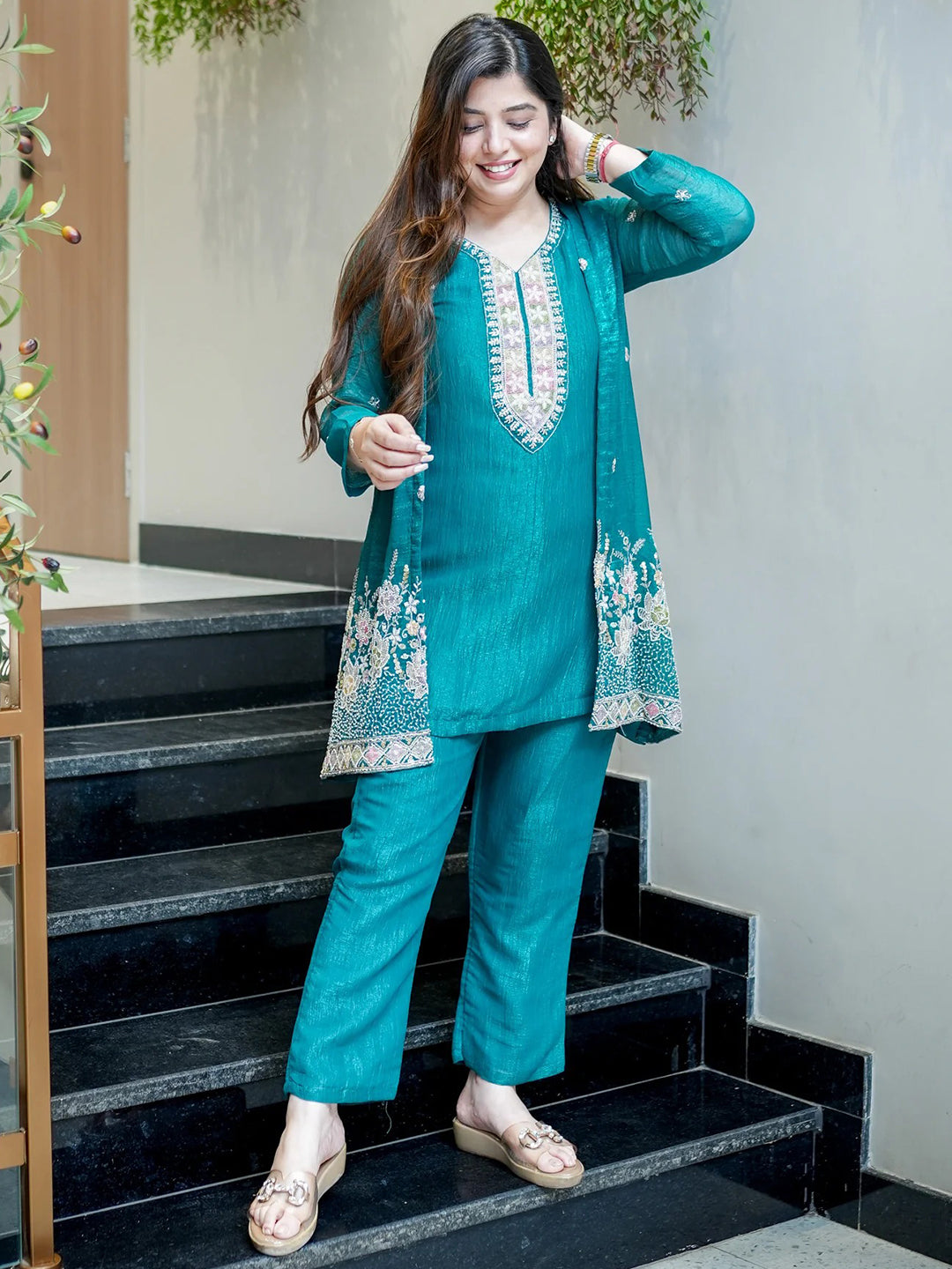 Teal-Blue Embroidered Chinon Kurta With Pant &amp; Dupatta