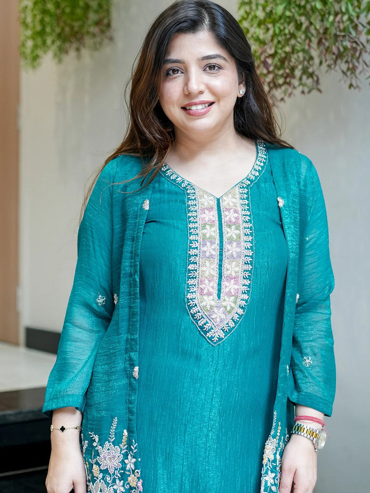 Teal-Blue Embroidered Chinon Kurta With Pant &amp; Dupatta
