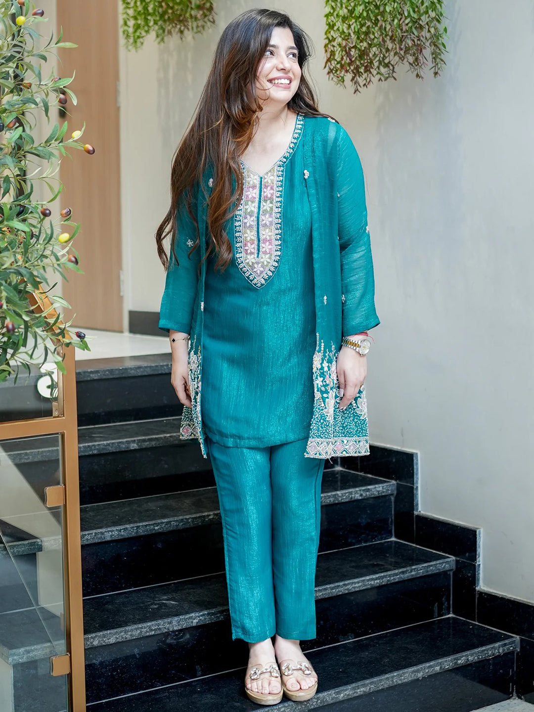 Teal-Blue Embroidered Chinon Kurta With Pant &amp; Dupatta