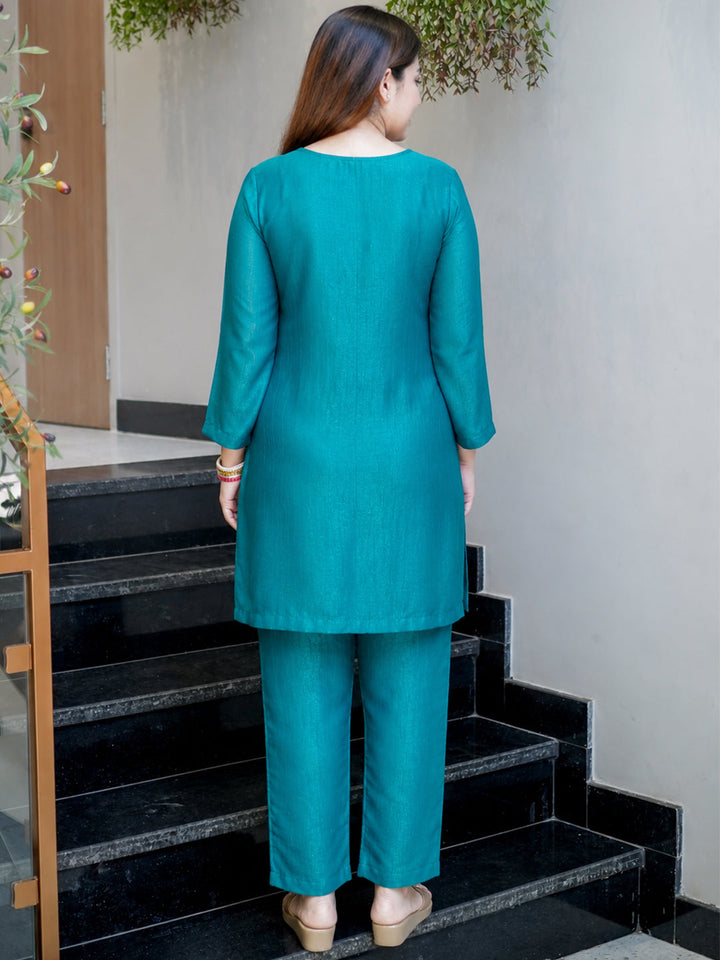 Teal-Blue Embroidered Chinon Kurta With Pant &amp; Dupatta
