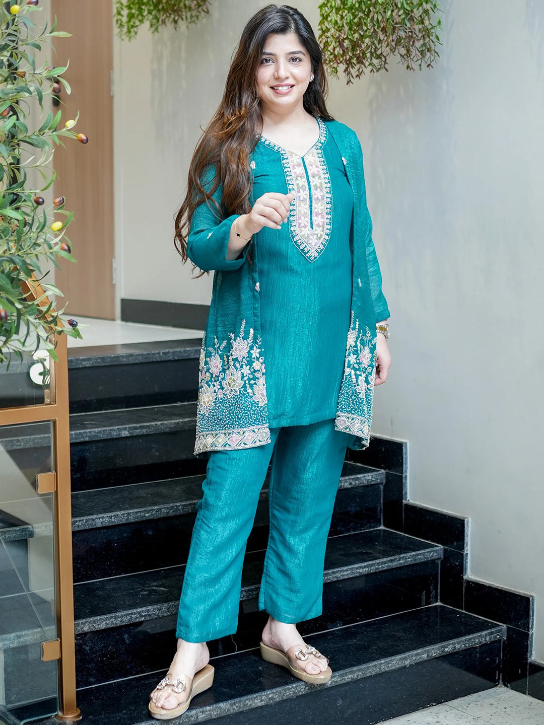 Teal-Blue Embroidered Chinon Kurta With Pant &amp; Dupatta