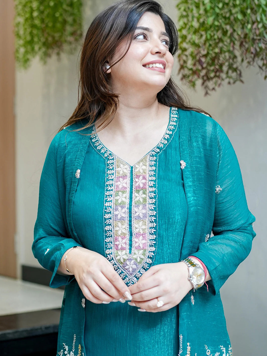 Teal-Blue Embroidered Chinon Kurta With Pant &amp; Dupatta