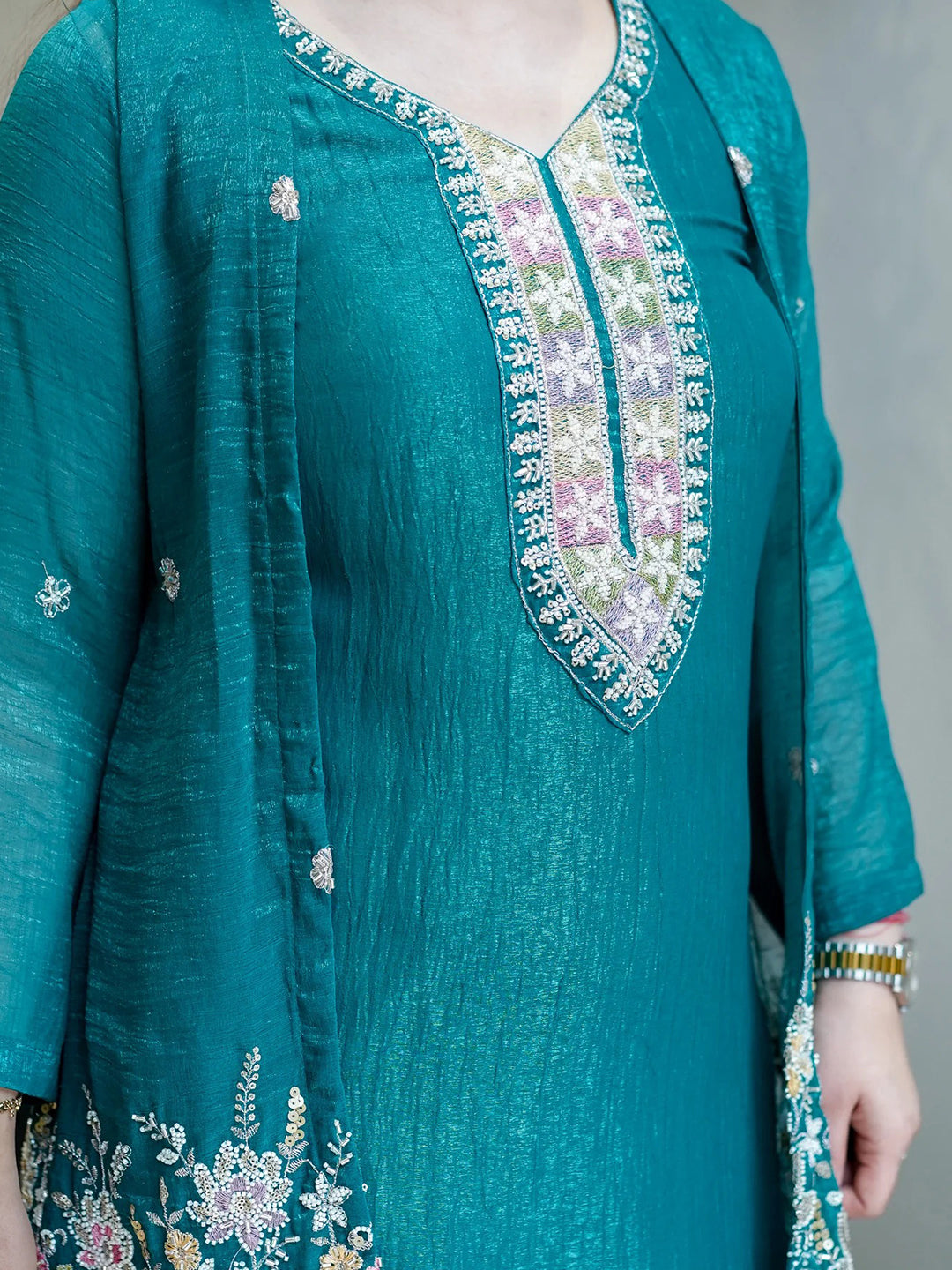 Teal-Blue Embroidered Chinon Kurta With Pant &amp; Dupatta