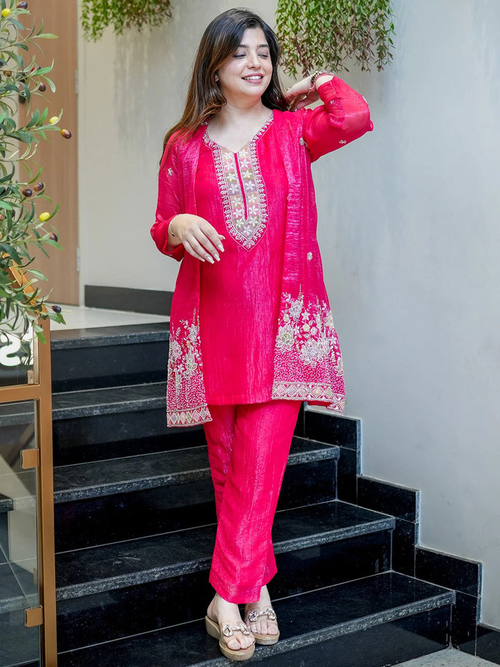Rani Embroidered Chinon Kurta With Pant &amp; Dupatta