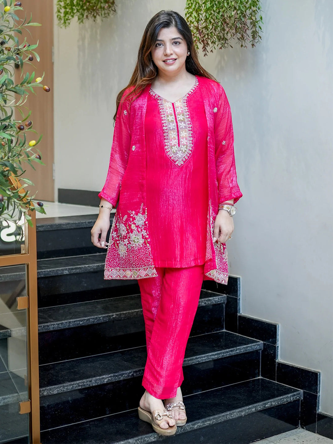 Rani Embroidered Chinon Kurta With Pant &amp; Dupatta