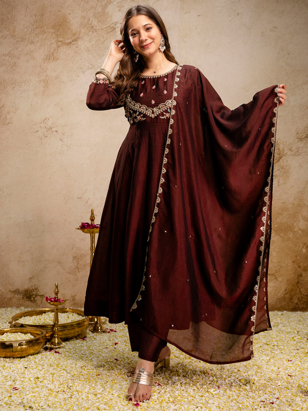 Maroon Embroidered Art Silk Kurta With Pant &amp; Dupatta