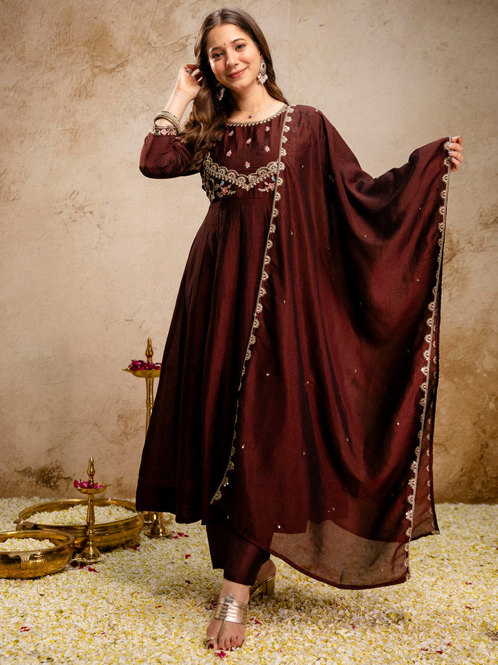 Maroon Embroidered Art Silk Kurta With Pant &amp; Dupatta