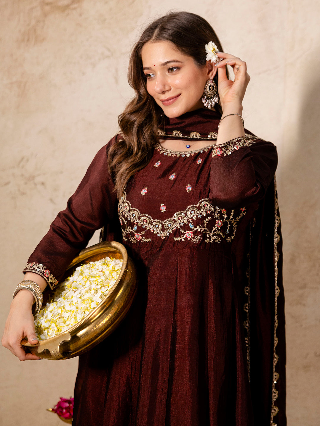 Maroon Embroidered Art Silk Kurta With Pant &amp; Dupatta