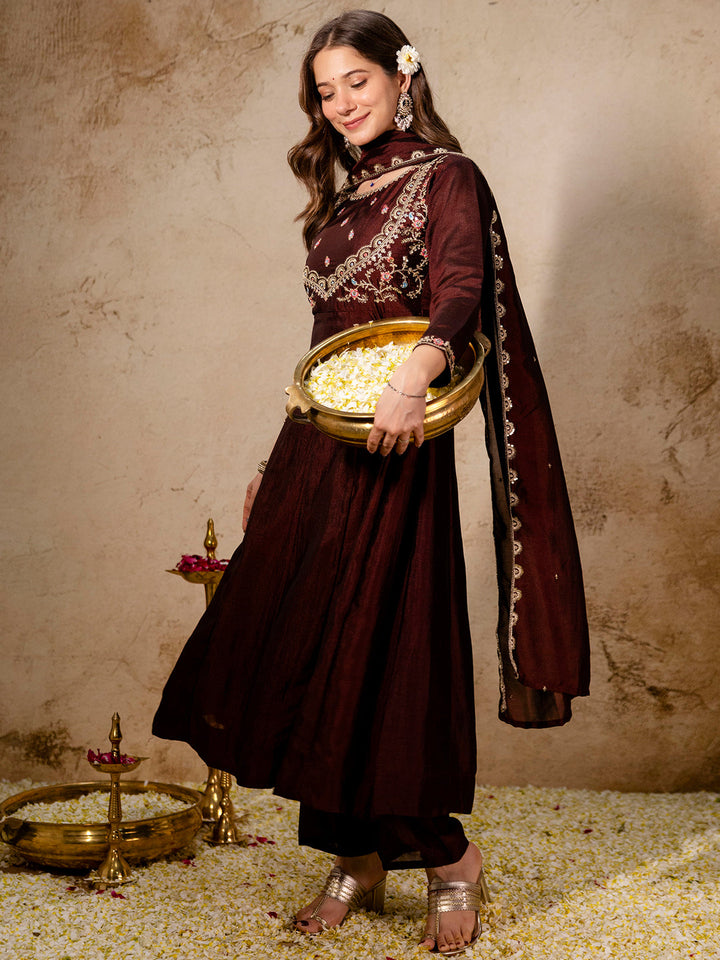 Maroon Embroidered Art Silk Kurta With Pant &amp; Dupatta