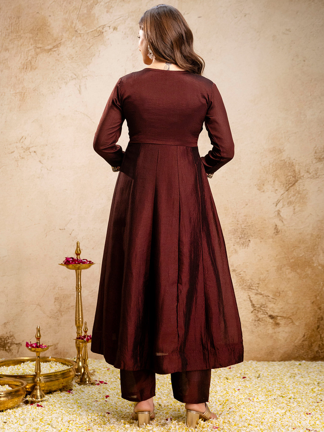 Maroon Embroidered Art Silk Kurta With Pant &amp; Dupatta