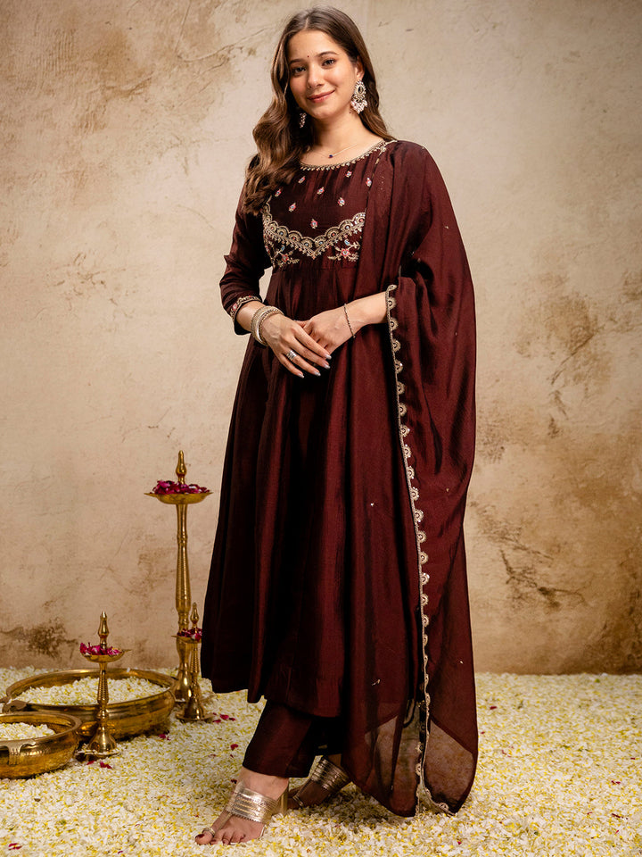 Maroon Embroidered Art Silk Kurta With Pant &amp; Dupatta