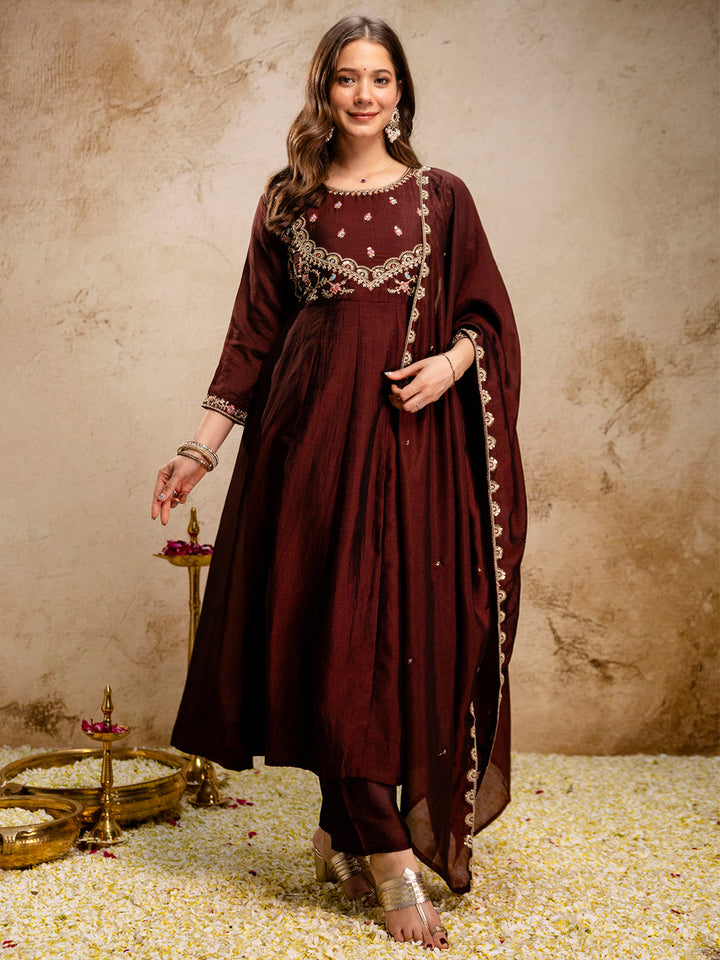 Maroon Embroidered Art Silk Kurta With Pant &amp; Dupatta