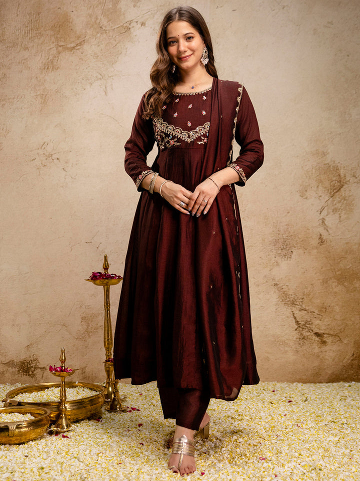 Maroon Embroidered Art Silk Kurta With Pant &amp; Dupatta