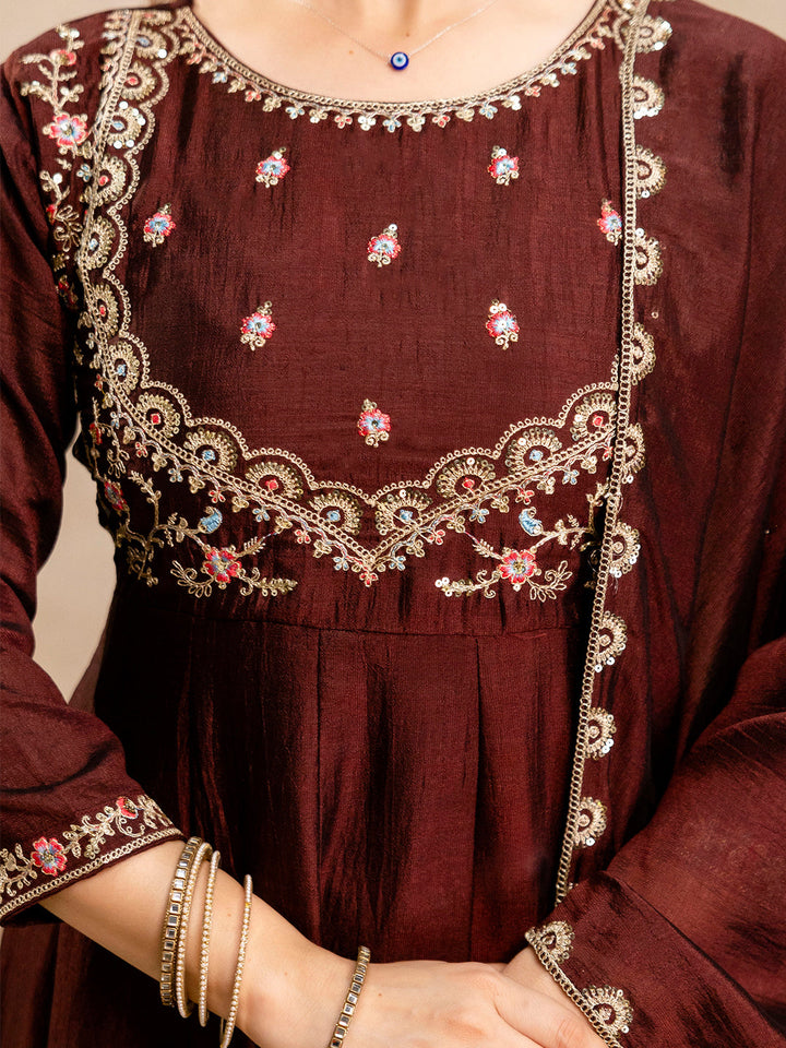 Maroon Embroidered Art Silk Kurta With Pant &amp; Dupatta