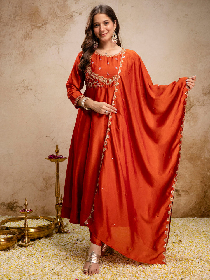 Rust Embroidered Art Silk Kurta With Pant &amp; Dupatta
