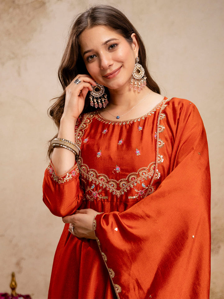 Rust Embroidered Art Silk Kurta With Pant &amp; Dupatta