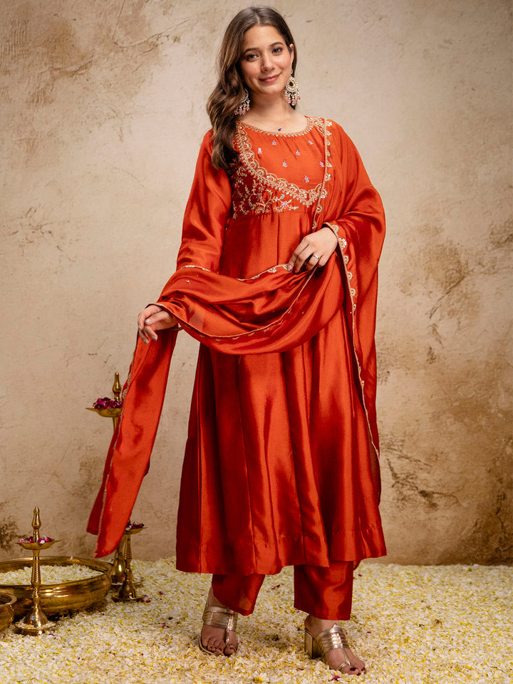 Rust Embroidered Art Silk Kurta With Pant &amp; Dupatta